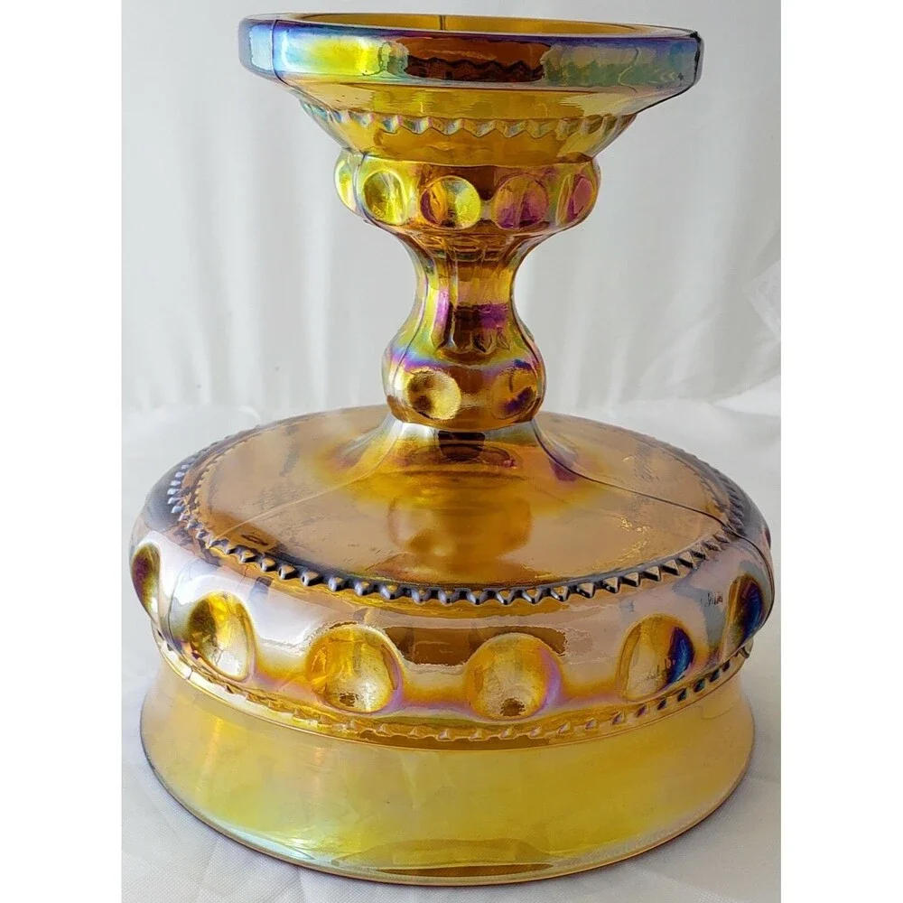 Vintage Amber Carnival Glass King Crown Iridescent Thumbprint Compote Candy Dish
